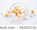 Pills and capsules in a bolw on white background 48265316