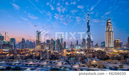 Burj Khalifa and Dubai urban landscape · night view 48266030