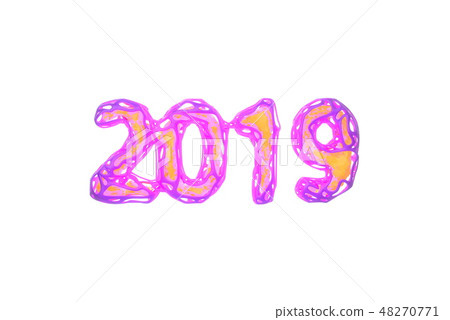 Happy New Year Banner with 2019 Numbers made by bright pink wire and orange glowing lowpoly core 48270771