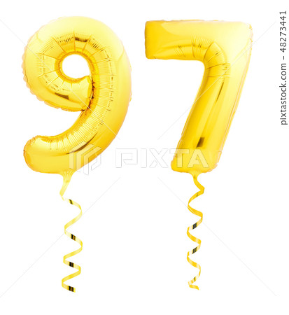 Golden number ninety seven 97 made of inflatable balloon with ribbon on white 48273441