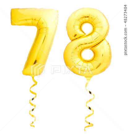 Golden number seventy eight 78 made of inflatable balloon with ribbon on white 48273484