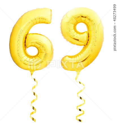 Golden number sixty nine 69 made of inflatable balloon with ribbon on white 48273499
