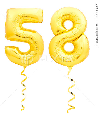 Golden number fifty eight 58 made of inflatable balloon with ribbon on white 48273537