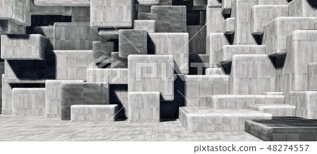 Bright and detailed panoramic landscape: geometric concrete stacked squares (3D CG rendering digital illustration) Bright and detailed panoramic landscape: geometric concrete stacked squares (3D CG rendering digital illustration) 48274557