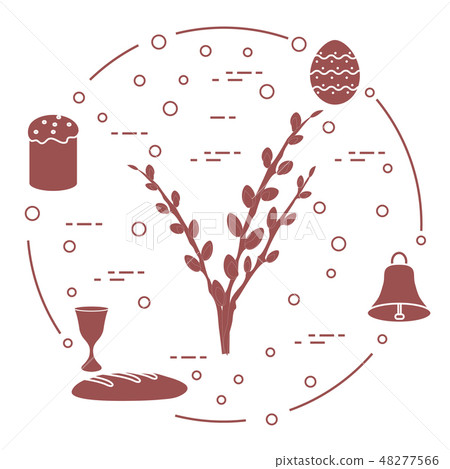 Easter cake, willow branches, bell, bowl, egg 48277566