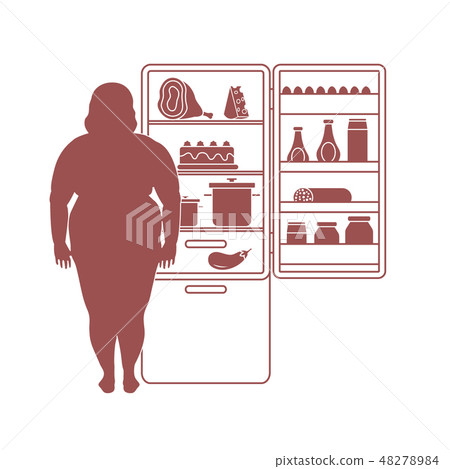 Fat woman stands at the fridge full of food Fat woman stands at the fridge full of food 48278984