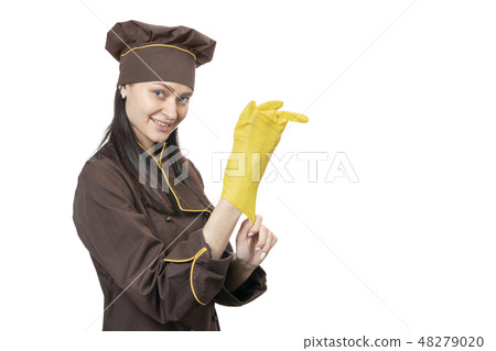 Chef wears rubber glove 48279020