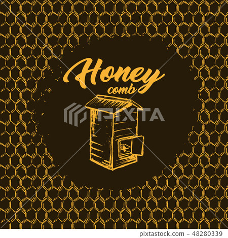 Honey Bee, Sketch Logo Design with Honeycomb Pattern. Vintage hand drawn isolated illustration. Honey Bee, Sketch Logo Design with Honeycomb Pattern. Vintage hand drawn isolated illustration. 48280339