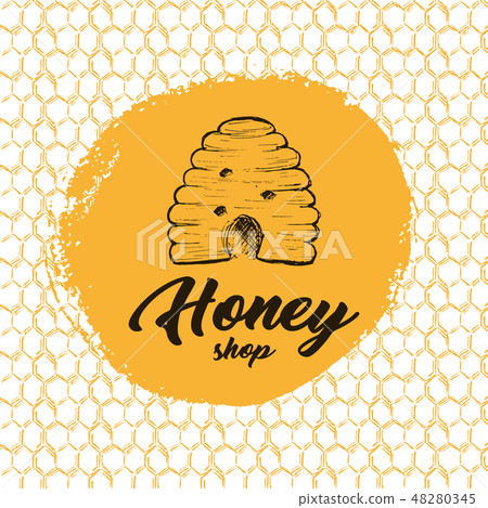 Honey Bee, Sketch Logo Design with Honeycomb Pattern. Vintage hand drawn isolated illustration. 48280345