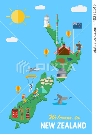 Flat design , New Zealand's map, landmarks Flat design , New Zealand's map, landmarks 48281149