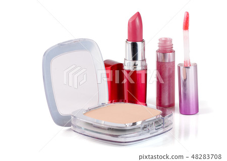 Make-up powder, lipstick and lip gloss isolated on white background 48283708