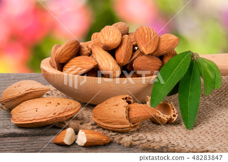 heap of peeled almonds with leaf in a wooden spoon on table blurred garden background heap of peeled almonds with leaf in a wooden spoon on table blurred garden background 48283847