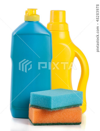 dishwashing detergent with sponge isolated on white background dishwashing detergent with sponge isolated on white background 48283978