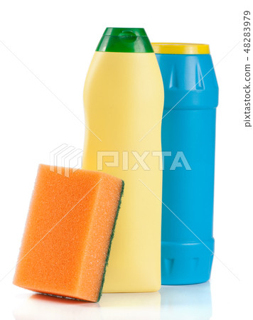 dishwashing detergent with sponge isolated on white background dishwashing detergent with sponge isolated on white background 48283979