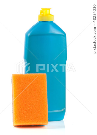 dishwashing detergent with sponge isolated on white background 48284330
