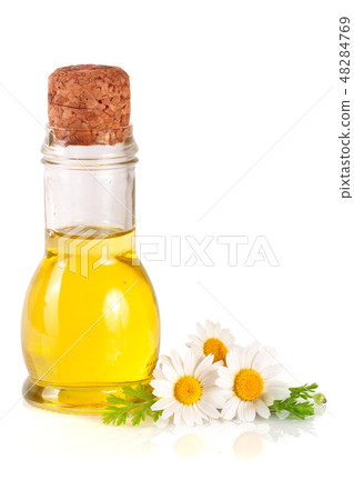 bottle with essential oil and fresh chamomile flowers isolated on white background 48284769