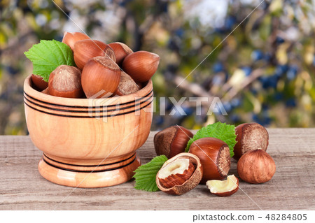 Hazelnuts with leaves in a wooden bowl on a wooden table with blurred garden background Hazelnuts with leaves in a wooden bowl on a wooden table with blurred garden background 48284805