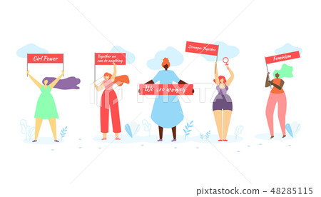 Multiracial Women Standing in Row with Banners Multiracial Women Standing in Row with Banners 48285115