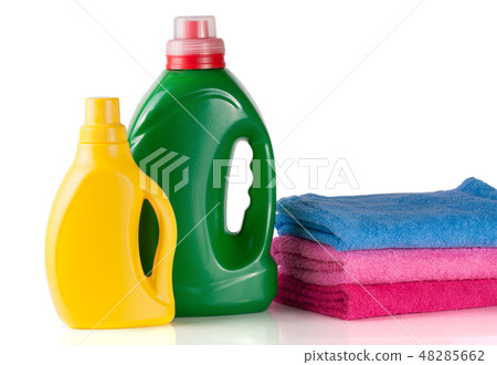 bottle laundry detergent and conditioner or fabric softener with towels isolated on white background bottle laundry detergent and conditioner or fabric softener with towels isolated on white background 48285662