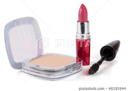 Make-up powder, lipstick and mascara isolated on white background Make-up powder, lipstick and mascara isolated on white background 48285944