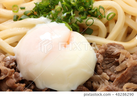 Hot spring egg topped with beef bukkake noodles. Hot spring egg topped with beef bukkake noodles. 48286290