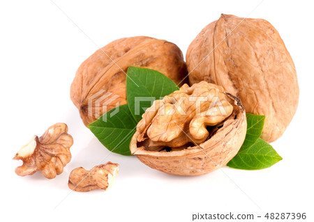 Walnuts with leaf isolated on white background 48287396