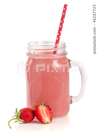 Glass of strawberry smoothie isolated on white background 48287725