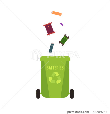 Rubbish green container with batteries waste and garbage for recycling. Rubbish green container with batteries waste and garbage for recycling. 48289235