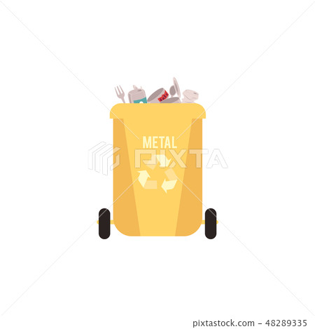 Rubbish yellow bin with metal waste and garbage for recycling with tin can, fork and spoon. Rubbish yellow bin with metal waste and garbage for recycling with tin can, fork and spoon. 48289335