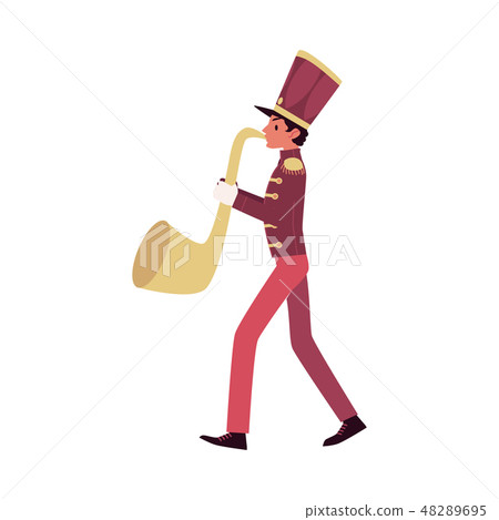 Parade and marching band participant, a red faced saxophone player plays a saxophone or trumpet. 48289695