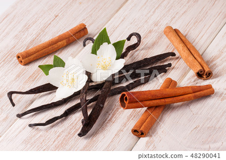 Vanilla sticks and cinnamon with flower and leaf on a white wooden background Vanilla sticks and cinnamon with flower and leaf on a white wooden background 48290041