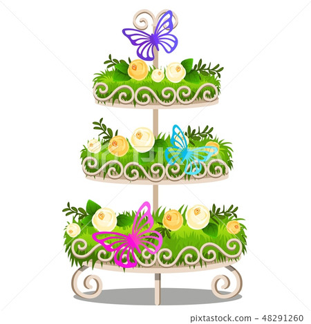 Elegant tiered shelf with decorated shelves, green grass, flowers, butterflies. Elements of vintage Elegant tiered shelf with decorated shelves, green grass, flowers, butterflies. Elements of vintage 48291260