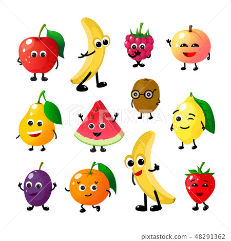 Cartoon funny fruits. Happy apple banana raspberry peach pear watermelon lemon strawberry faces Cartoon funny fruits. Happy apple banana raspberry peach pear watermelon lemon strawberry faces 48291362