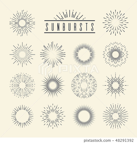 Vintage sunburst. Hand drawn geometric sunrise firework sunset blast sunbeam burst sunshine sun ray