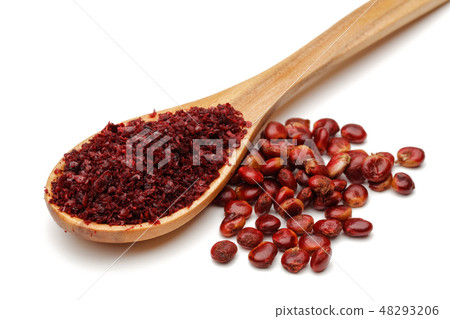 Ground Sumac in wooden spoon and sumac berries Ground Sumac in wooden spoon and sumac berries 48293206