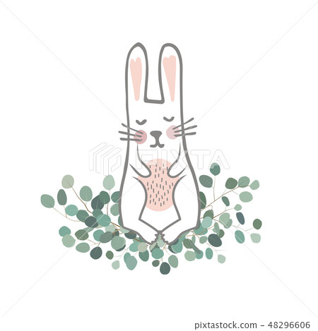 Cute hand drawn bunny on the Eucaliptus branches. Easter Vector illustration. Sweet Newborn Rabbit Cute hand drawn bunny on the Eucaliptus branches. Easter Vector illustration. Sweet Newborn Rabbit 48296606