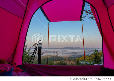 Tent camping with foggy over mountains Tent camping with foggy over mountains 48298533
