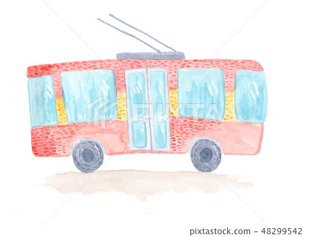 Cute colorful hand drawn watercolor trolleybus. Cute colorful hand drawn watercolor trolleybus. 48299542