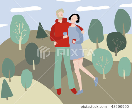 Cartoon Love Couple in Park Background. Vector 48300990