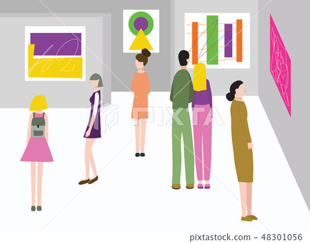 Cartoon Color Exhibition Inside Interior and Visitors. Vector Cartoon Color Exhibition Inside Interior and Visitors. Vector 48301056