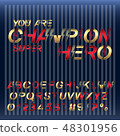 Champion Super hero font alphabet. Gold and red metallic letters and numbers. 48301956