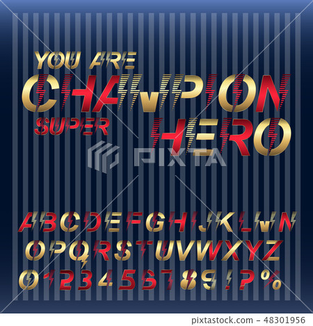 Champion Super hero font alphabet. Gold and red metallic letters and numbers. 48301956