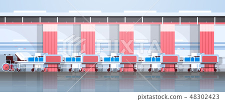 hospital room interior intensive therapy patient ward nursing care beds and wheelchair empty no 48302423