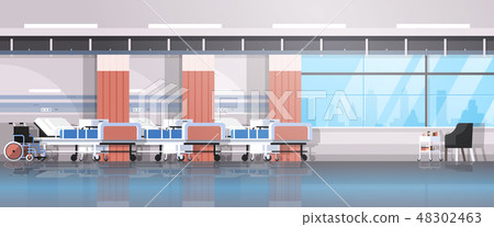 hospital room interior intensive therapy patient ward nursing care beds and wheelchair empty no 48302463