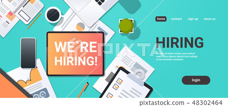 we are hiring recruitment concept top angle view desktop laptop smartphone paper document financial 48302464