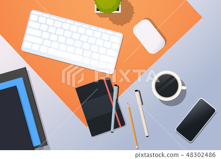 workplace desk top angle view keyboard mouse notepad office stuff horizontal 48302486