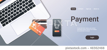 online shopping mobile application internet payment concept top angle view desktop smartphone laptop 48302488