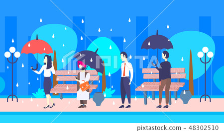 mix race businesspeople holding umbrella unprotected businessman under rain protection concept male 48302510