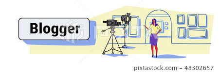 woman blogger recording video on camera female guide standing art gallery museum interior online 48302657
