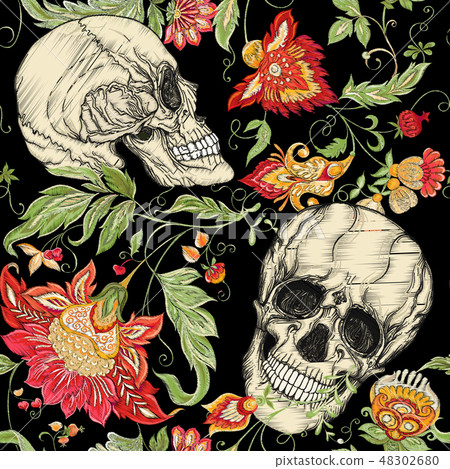 Seamless Pattern with human skulls and flowers. - Stock Illustration ...